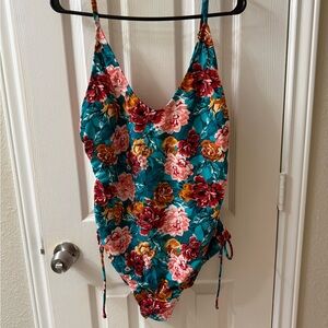Time and Tru Floral One Piece Swimsuit - Teal and Red